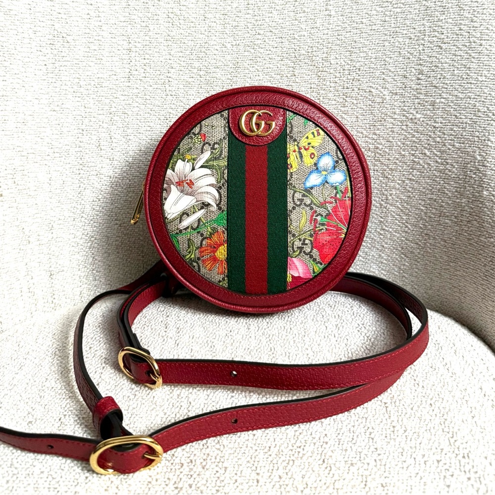 Authentic Gucci Ophidia Mini Round backpack red leather flora pattern canvas - Picture 3 of 16